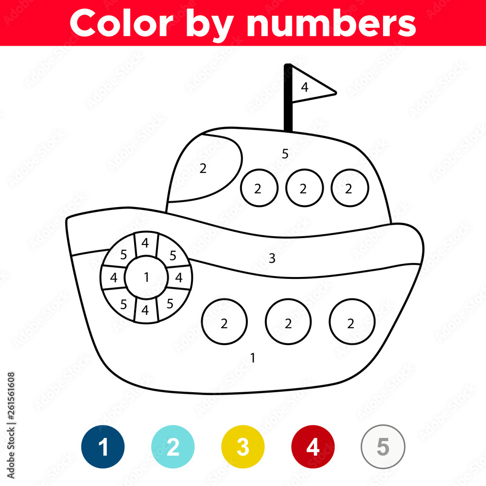 Coloring by numbers vector cartoon ship. Educational game for preschool ...