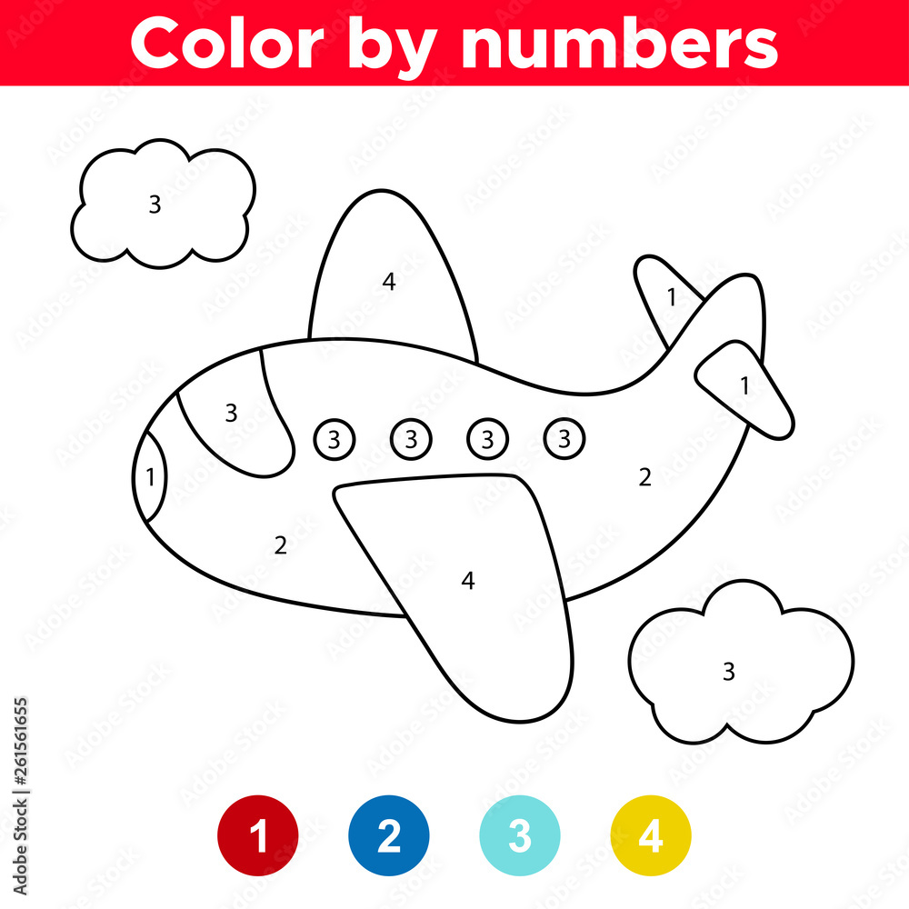Coloring by numbers cute vector plane. Educational game for preschool