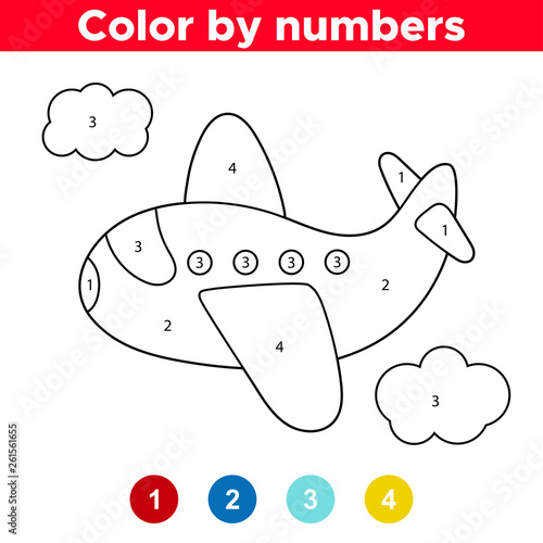 Coloring by numbers cute vector plane. Educational game for preschool children. Learning numbers.