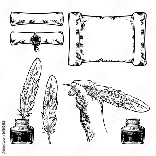 Inkwell, scroll and female hand holding goose feather. Vector engraving