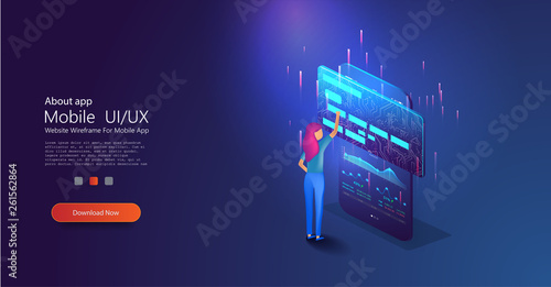 Girl interacts with credit card and phone in isometry. Online card payment concept ,easy payments. Easy Edit and Customize. mobile app, landing page, presentation 