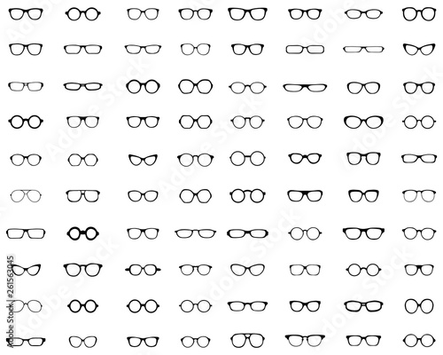 Black silhouettes of different  eyeglasses on a white background