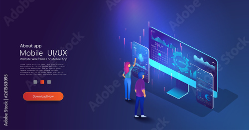 People work and interacting with graphs, icons and devices. Isometric illustration. Diagram template and chart graph, graphic information visualization illustration Landing page concept. Vector banner