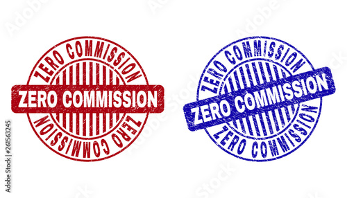 Grunge ZERO COMMISSION round stamp seals isolated on a white background. Round seals with grunge texture in red and blue colors.