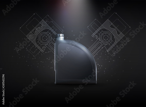 Flyer with oil bottle for cover design. Motor Oil, great design for any purposes.  Modern graphic design. ector illustration with realistic canister and motor oil on bright background