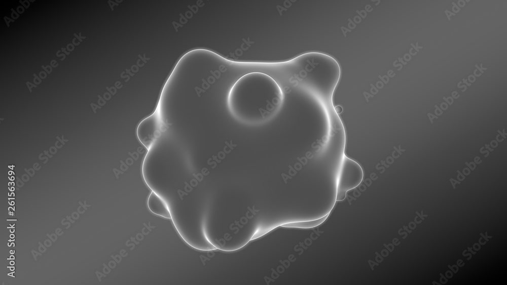 3D illustration of a sphere of irregular shape with a wavy, swollen surface. The sphere glows in a dark space against a gray gradient. 3D rendering, abstract background. 3D illustration of a sphere of irregular shape with a wavy, swollen surface. The sphere glows in a dark space against a gray gradient. 3D rendering, abstract background.