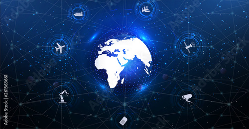 Internet of things (IoT) and networking concept for connected devices. Spider web of network connections with on a futuristic space blue background. Smart city wireless communication network IoT ICT.