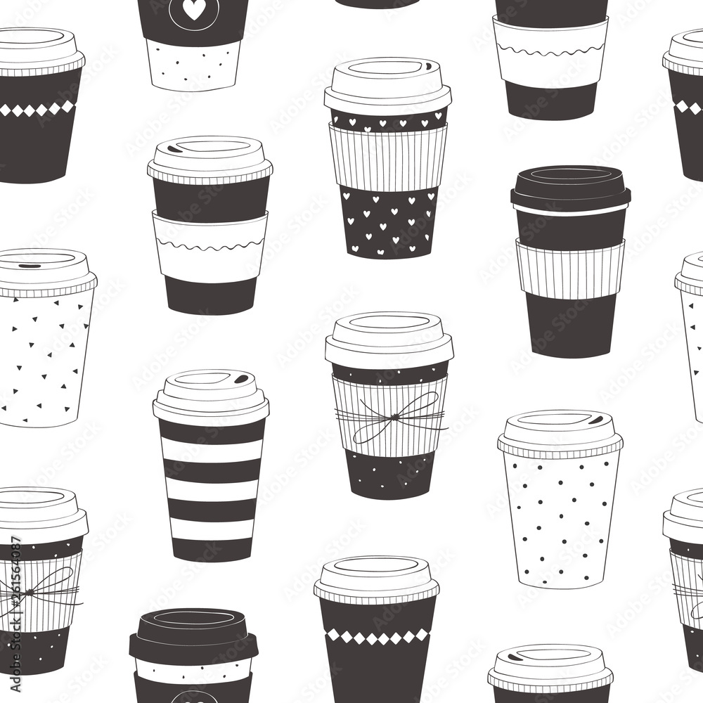 Coffee cup pattern. Vector seamless pattern with various disposable cups of  coffee to go. Hand drawn doodle background Stock Vector