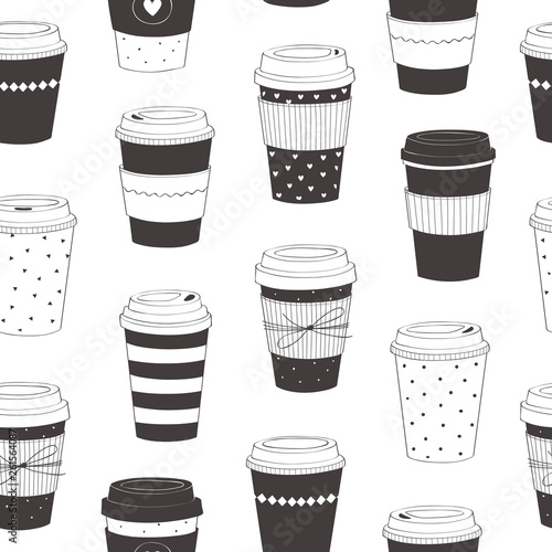 Coffee cup pattern. Vector seamless pattern with various disposable cups of coffee to go. Hand drawn doodle background