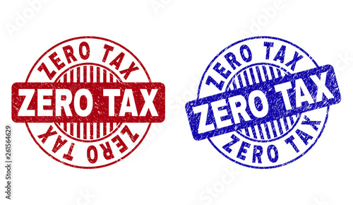 Grunge ZERO TAX round stamp seals isolated on a white background. Round seals with grunge texture in red and blue colors. Vector rubber watermark of ZERO TAX caption inside circle form with stripes.