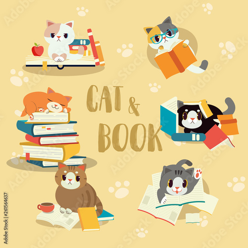 Collection of vector cat with a book set. pile of book with a cat. A cute character of cat with a book.study by my self.element of book. cute flat vector design style. text on paper.in the library