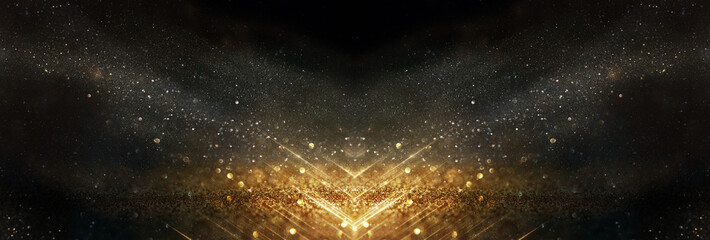 glitter vintage lights background. black and gold. de-focused