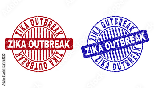 Grunge ZIKA OUTBREAK round stamp seals isolated on a white background. Round seals with grunge texture in red and blue colors.