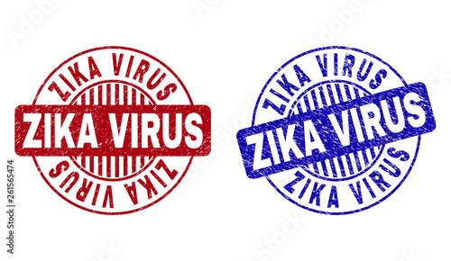 Grunge ZIKA VIRUS round stamp seals isolated on a white background. Round seals with grunge texture in red and blue colors. Vector rubber overlay of ZIKA VIRUS tag inside circle form with stripes.