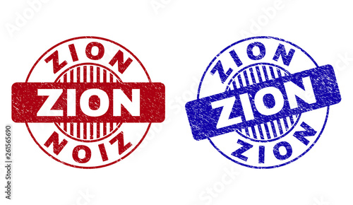 Grunge ZION round stamp seals isolated on a white background. Round seals with grunge texture in red and blue colors. Vector rubber overlay of ZION tag inside circle form with stripes.