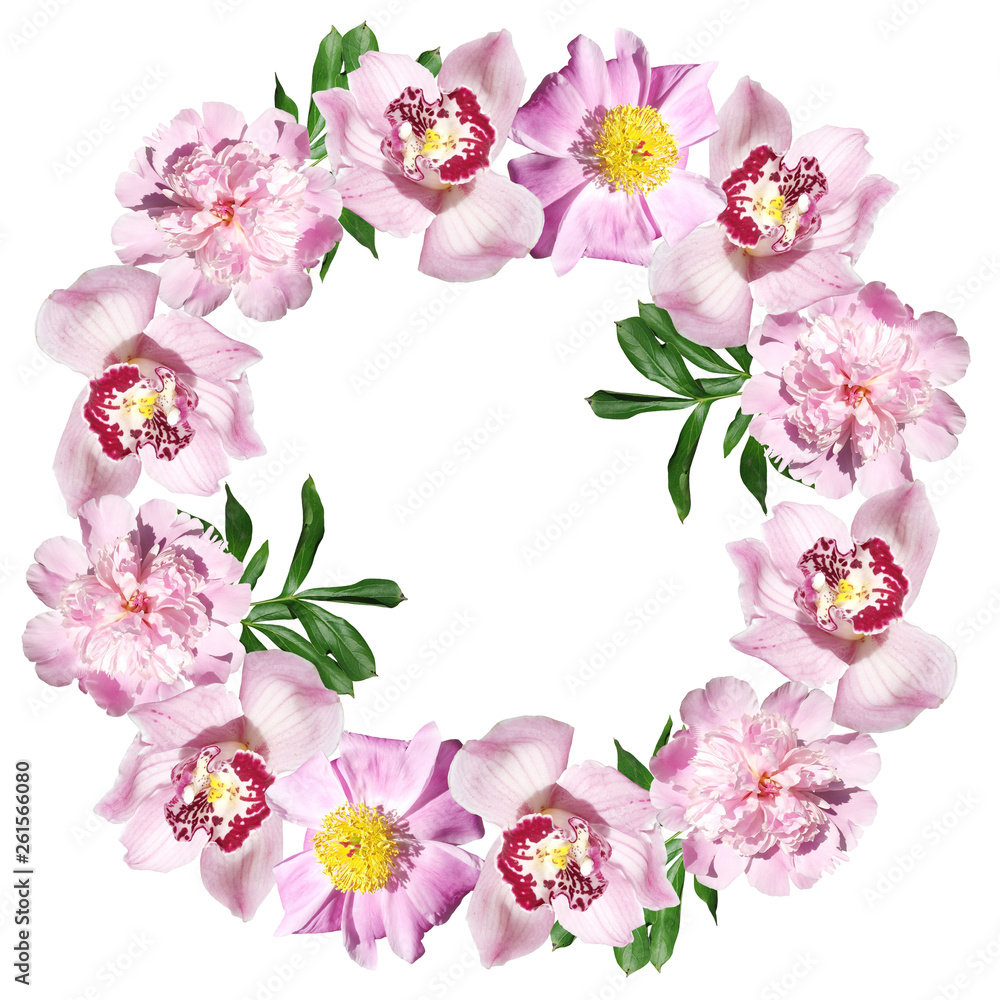Fototapeta premium Beautiful flower circle of peonies and orchids. Isolated