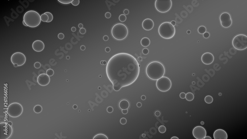 3D illustration of abstract background. Gray gradient with many drops of different shapes and sizes. Balls glow in space. 3D rendering. Futuristic background of many drops of luminous substance