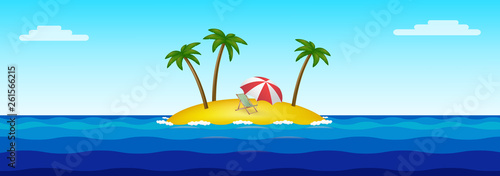 Paradise island in the middle of the ocean with three palm trees  a chaise longue and an umbrella