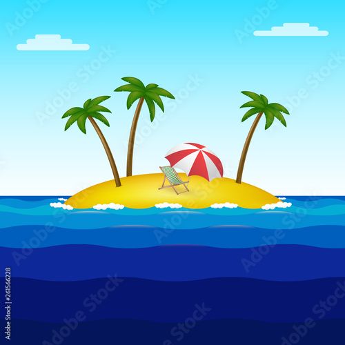 Fototapeta Naklejka Na Ścianę i Meble -  Paradise island in the middle of the ocean with three palm trees, a chaise longue and an umbrella. Square illustration.