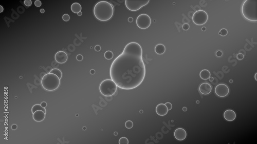 3D illustration of abstract background. Gray gradient with many drops of different shapes and sizes. Balls glow in space. 3D rendering. Futuristic background of many drops of luminous substance