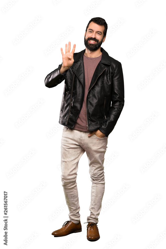 Handsome man with beard happy and counting four with fingers over isolated white background Handsome man with beard happy and counting four with fingers over isolated white background