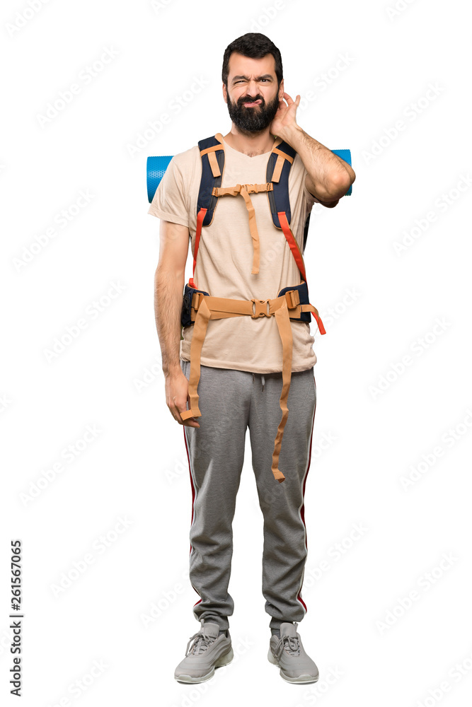 Hiker man having doubts over isolated white background Hiker man having doubts over isolated white background