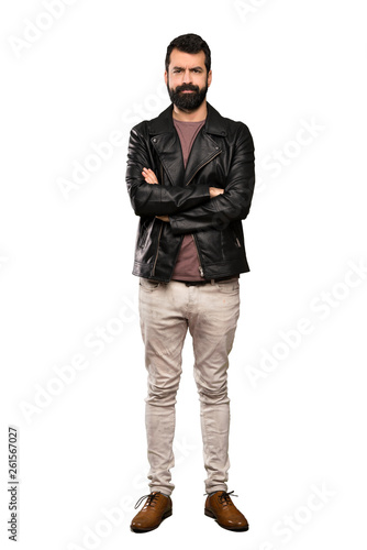 Handsome man with beard feeling upset over isolated white background