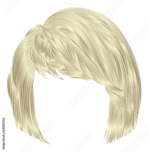 trendy  woman  hairs kare with fringe  . light  blond  colors . medium length . beauty style . realistic  3d .