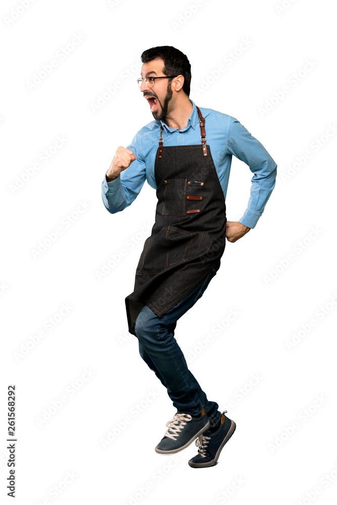 Man with apron  running fast.