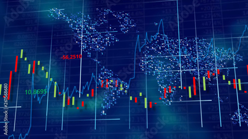 Blue hi-tech background - stock diagrams, graphs and tables. World map behind digits, lines and charts. Data wallpaper. 3D rendering.