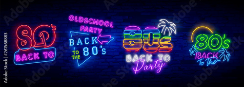 Neon 80's collection neon signs vector. Back to the 80s design template concept. Neon banner background design, night symbol, modern trend design. Vectro Illustration photo