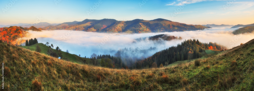 autumn sunrise in the Carpathian mountains. foggy morning. scenic dawn
