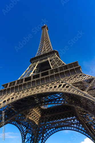 Low angle view close up Eiffel Tower in blue sky day
