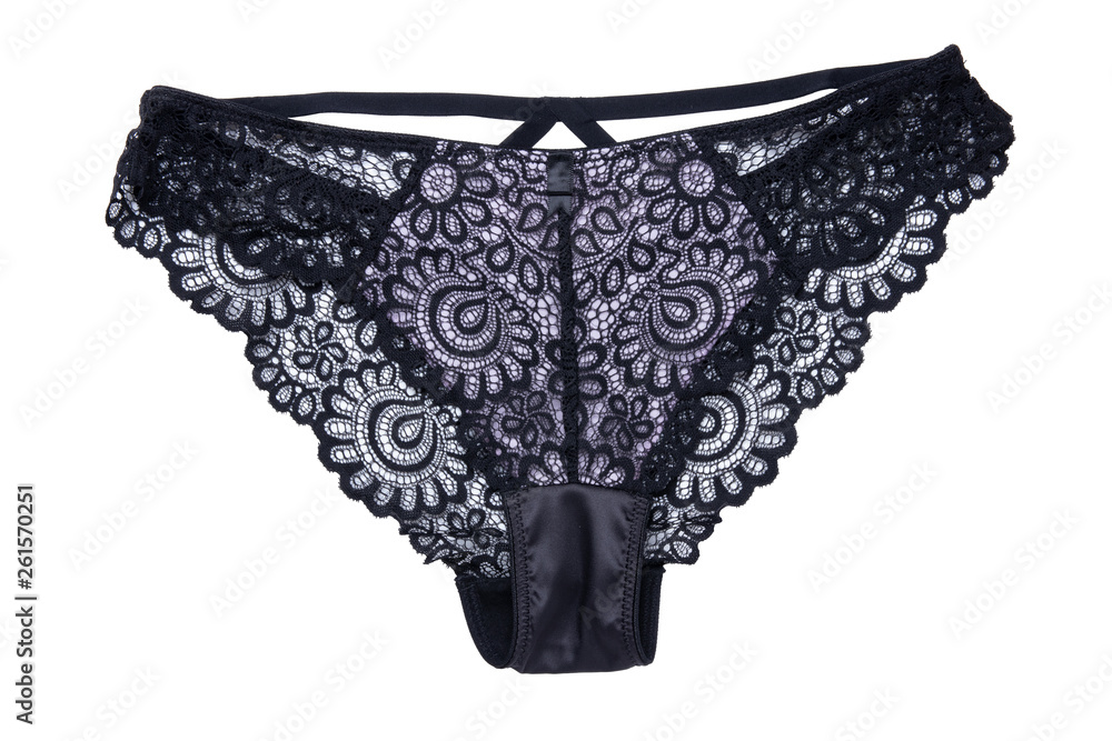 Underwear woman isolated. Close-up of luxurious elegant black lacy thongs panties isolated on a white background. Underwear fashion. Underwear woman isolated. Close-up of luxurious elegant black lacy thongs panties isolated on a white background. Underwear fashion.