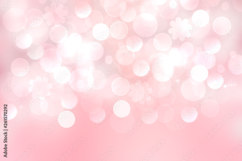 Festive pink white bright abstract Bokeh background texture on pastel color tone gradient with abstract flowers and blossoms. Beautiful backdrop with space.
