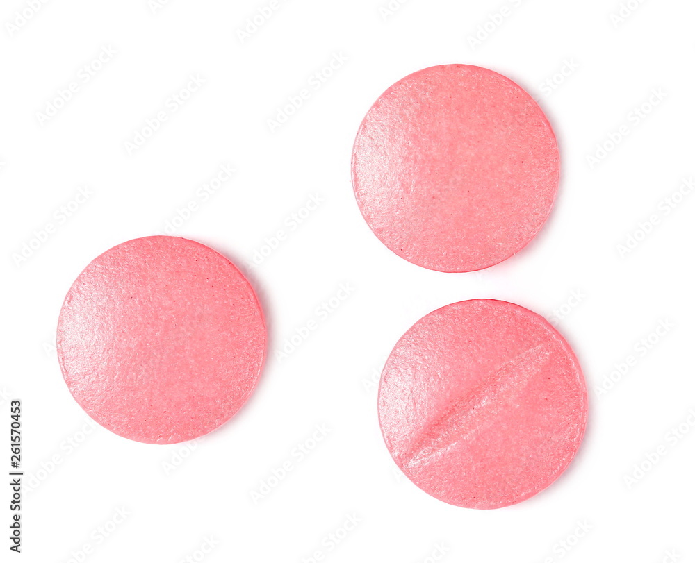 Pink pills, medicine isolated on white background, top view Pink pills, medicine isolated on white background, top view