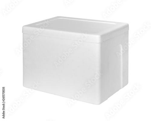 Closed Styrofoam storage box isolated on white background. Insulation box for delivery. ( Clipping path ) photo