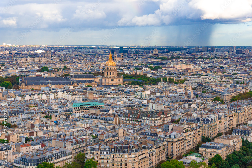 Aerial view of Paris from the top of Eiffel tower in cloudy day