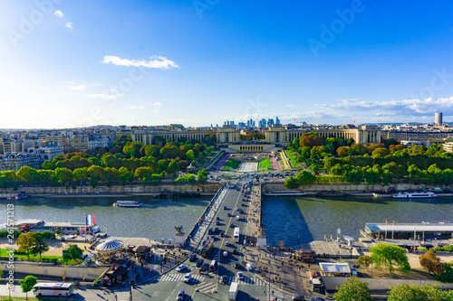 Aerial view of Seine river and Trocadéro Gardens (Jardins du Trocadéro) in cloudy blue sky day in Paris, France
