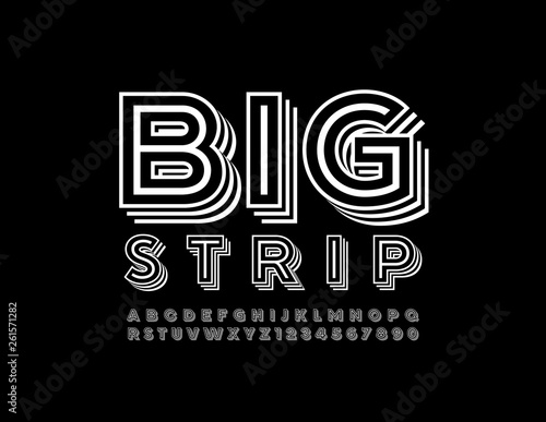 Vector Big Strip 3D Font. Abstract Black and White Uppercase Alphabet. Isometric Modern Letters and Numbers