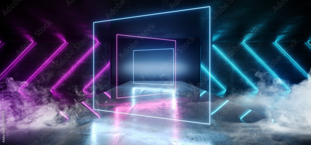 Smoke Virtual Glossy Modern Futuristic Sci Fi Dark Grunge Concrete Room With Purple And Blue Glowing Laser Neon Tube Lights On Empty Reflective Stage Background For Text 3D Rendering