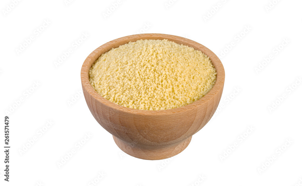 couscous in wooden bowl isolated on white background. nutrition. food ingredient. couscous in wooden bowl isolated on white background. nutrition. food ingredient.