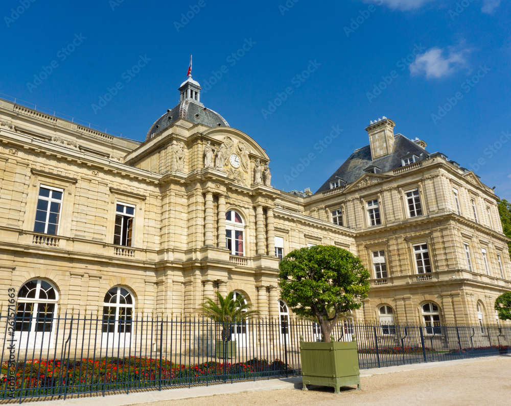 Exterior view of Luxembourg Palace in blue sky day in Paris, France