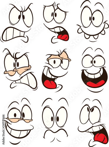 Funny cartoon faces with different expressions clip art. Vector illustration. Some elements on separate layers.