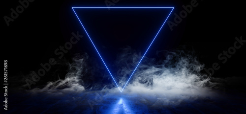 Smoke Elegant Triangle Shaped Neon Fluorescent Retro Laser Led Show Stage Vibrant Blue Glowing Lights In Underground Hall Grunge Concrete Glossy Cement Garage Tunnel 3D Rendering