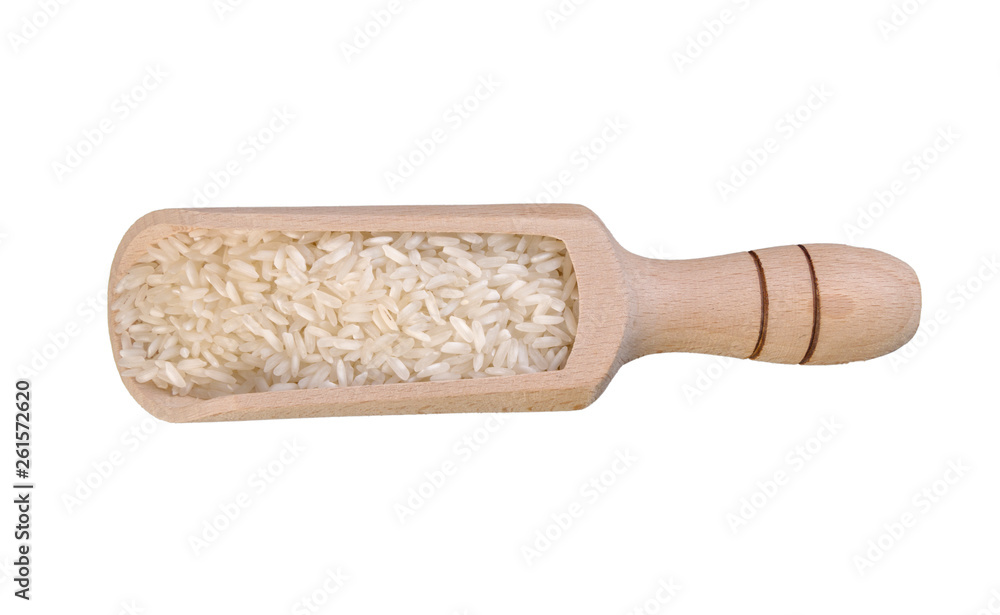long grain white rice in wooden scoop isolated on white background. nutrition. bio. natural food ingredient.