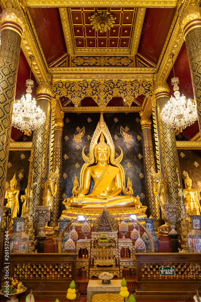 Phra Buddha Chinnarat statue in chapel at Wat Phra Sri Rattana Mahathat (Wat Yai) Temple, Phitsanulok, Thailand. One of most beautiful Buddha statue in country.