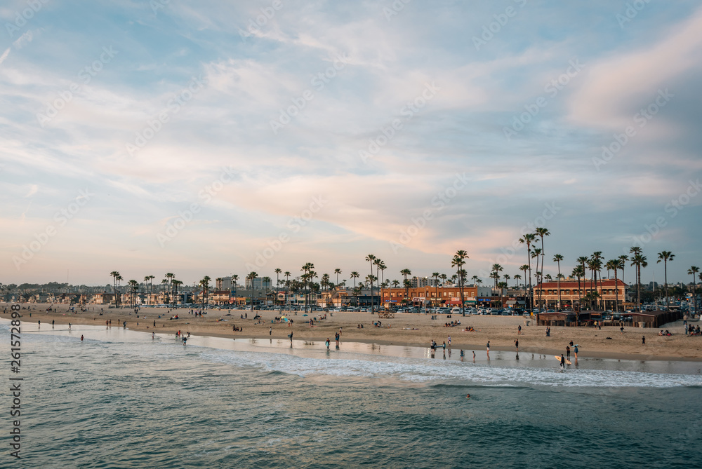 View of the beach at sunset, in Newport Beach, Orange County, California