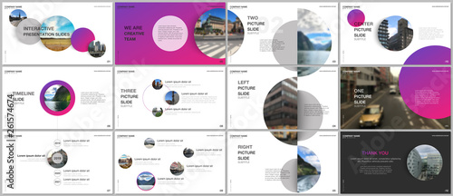 Minimal presentations design, portfolio vector templates with pink colorful circle elements on white background. Multipurpose template for presentation slide, flyer leaflet, brochure cover, report.