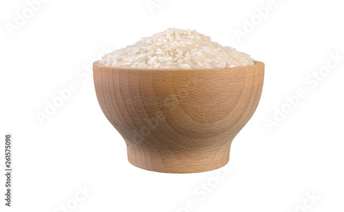 long grain white rice  in wooden bowl isolated on white background. nutrition. food ingredient.